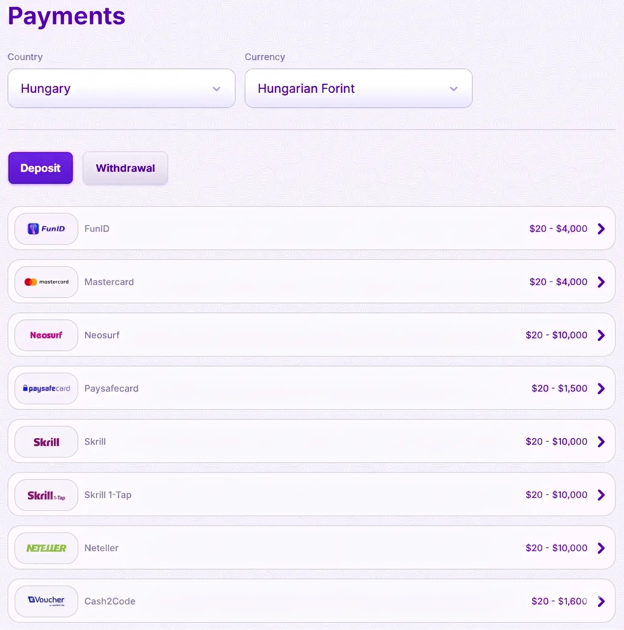 RoboCat kifizetési módok és limitek